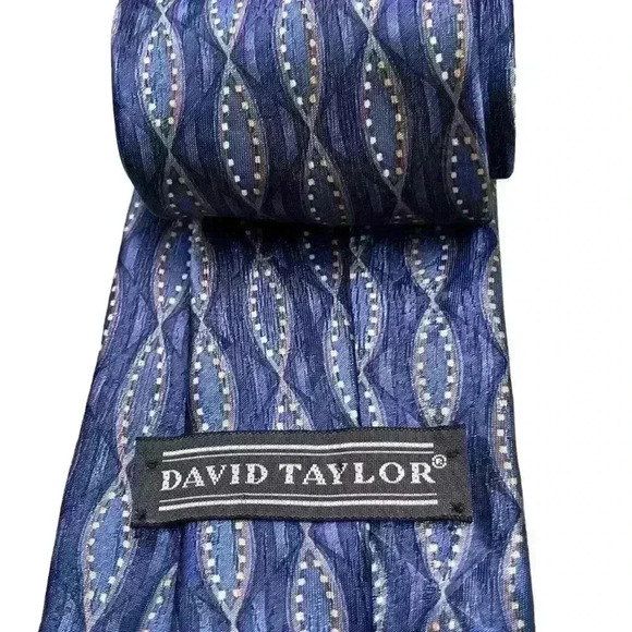 David Taylor Men’s Neck Tie Blue White Yellow Pattern 100% Polyester - Picture 2 of 8